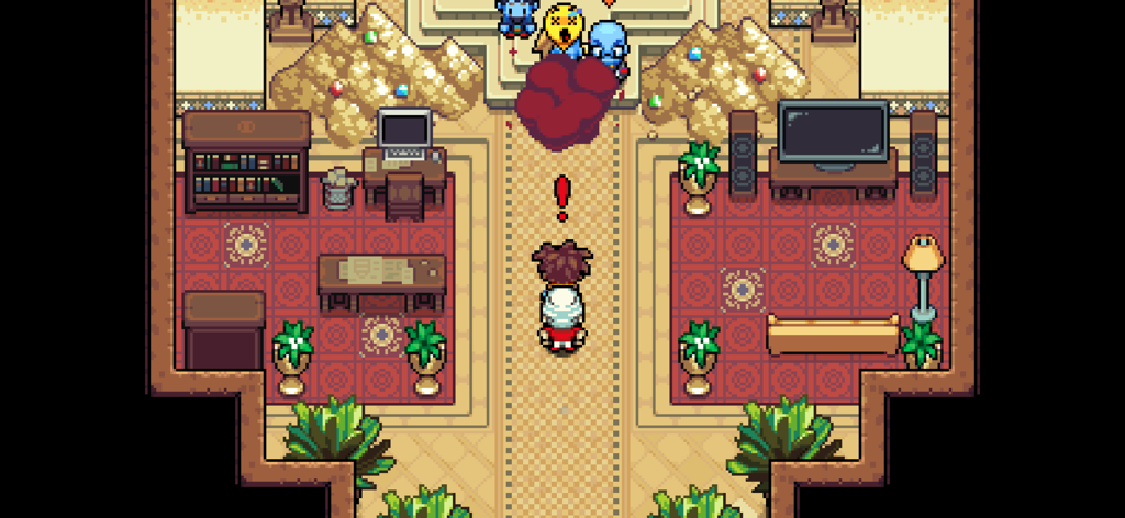 A top-down pixel art view of a character exploring a decorated room in the game Coromon