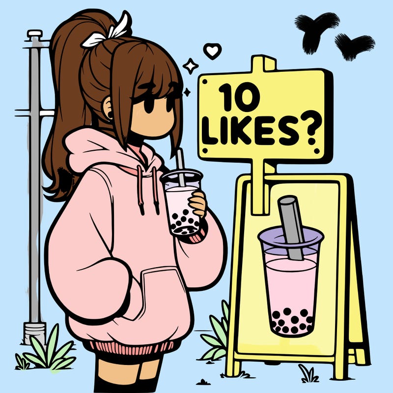 girl with oversized hoodie drinking boba and she has a high ponytail with a sign that says 10likes?
