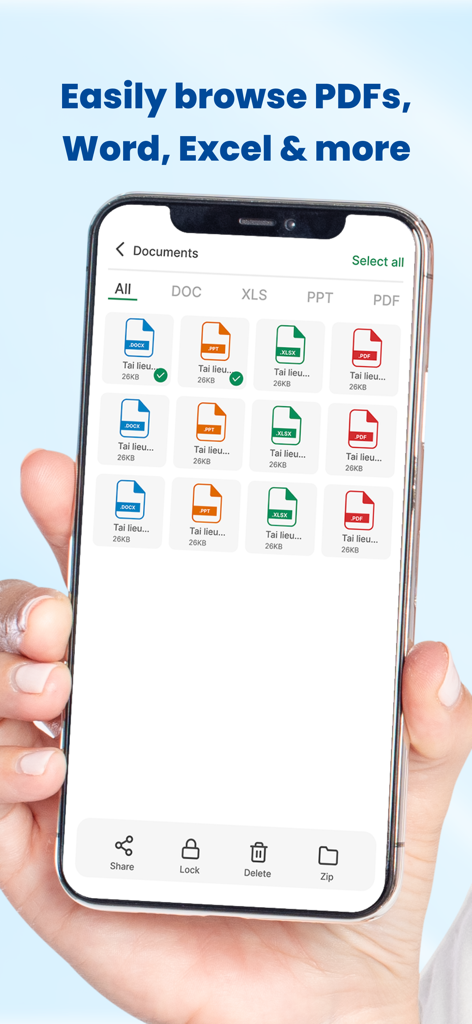 EZ File Explorer: Zip Manager - Pantalla de iPhone mostrando la interfaz de la aplicación EZ File Explorer para navegar por documentos PDF, Word y Excel