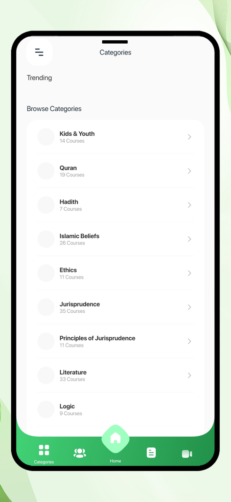 Imam Sadiq Academy - Screenshot of the Imam Sadiq Academy app browse categories screen showing courses for Quran Hadith Islamic Beliefs and Jurisprudence