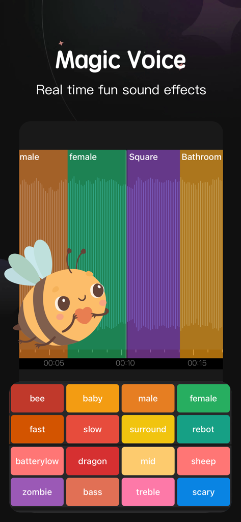 Interface of the Audio Editor app showing the Magic Voice feature with various real time sound effects like bee baby and robot