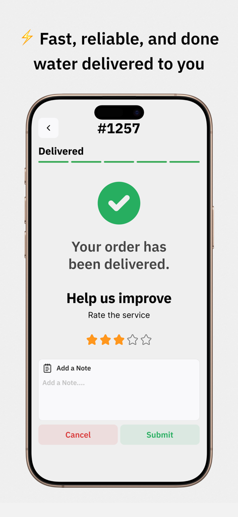وايتكو - Screenshot of the Whitco app showing a successful water delivery confirmation message with a service rating interface.