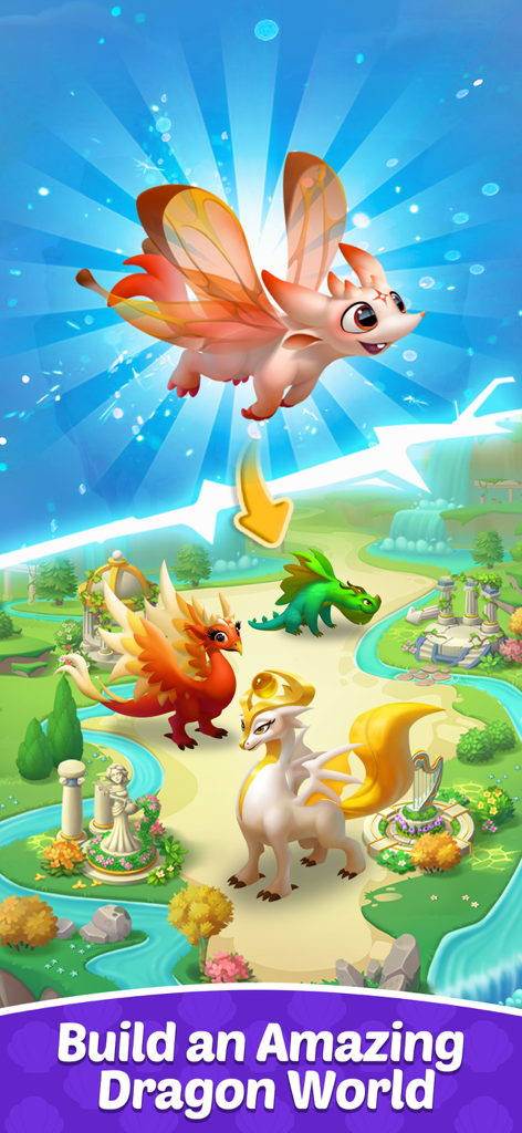 Solitaire Dragons - A collection of colorful animated dragons on a fantasy island with the text Build an Amazing Dragon World