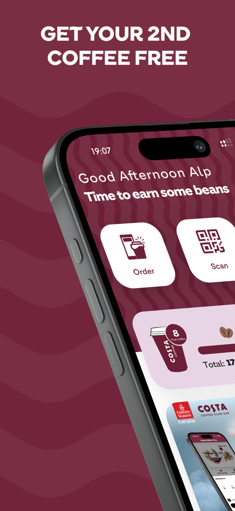 Costa Club UAE - Costa Club UAE mobile app interface showing a coffee reward progress bar and order scan options