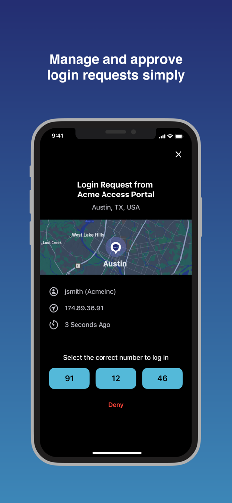 SafeNet MobilePASS+ - SafeNet MobilePASS plus app screen showing a login request from Austin Texas with number matching authentication