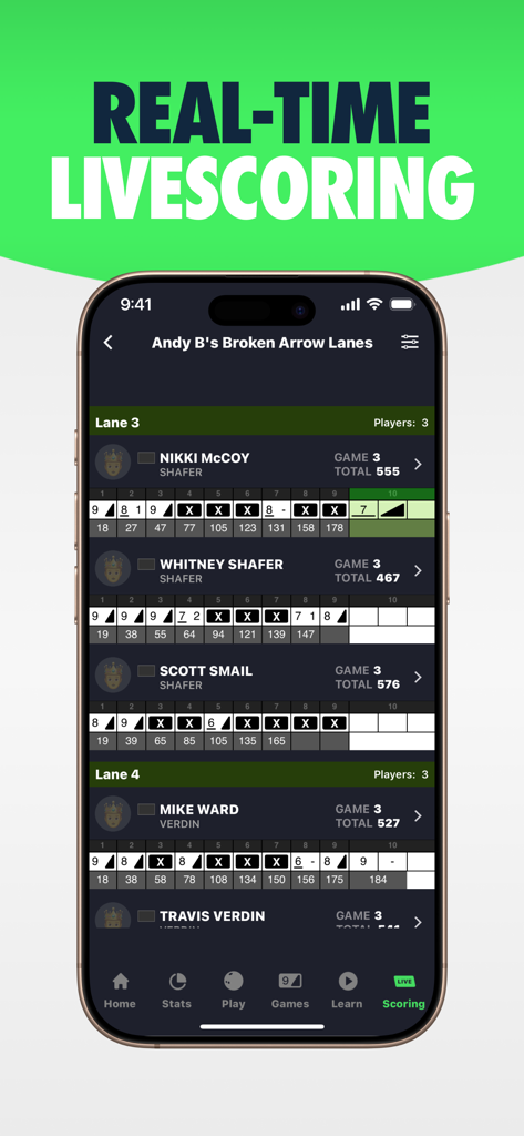 Lanetalk Bowling - Tela de pontuação ao vivo em tempo real no aplicativo Lanetalk Bowling mostrando as pontuações dos jogadores e o progresso do quadro