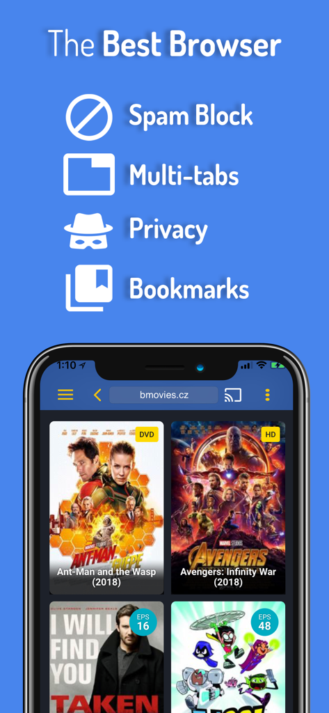 iPhone screen showing the cast web videos browser with spam block and privacy features while viewing a movie streaming site