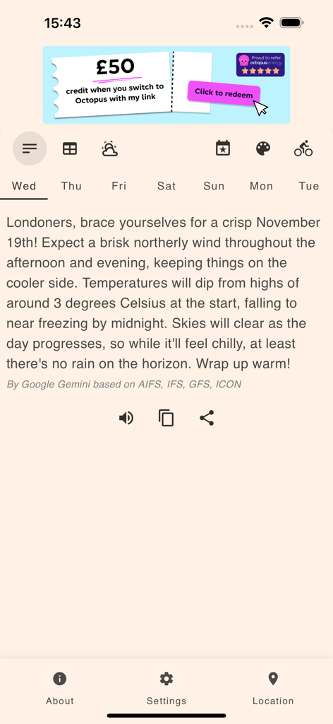 AI Weather (WITAL) - ロンドン向けのAI生成テキストベースの天気予報概要、ミニマリストなモバイルインターフェース