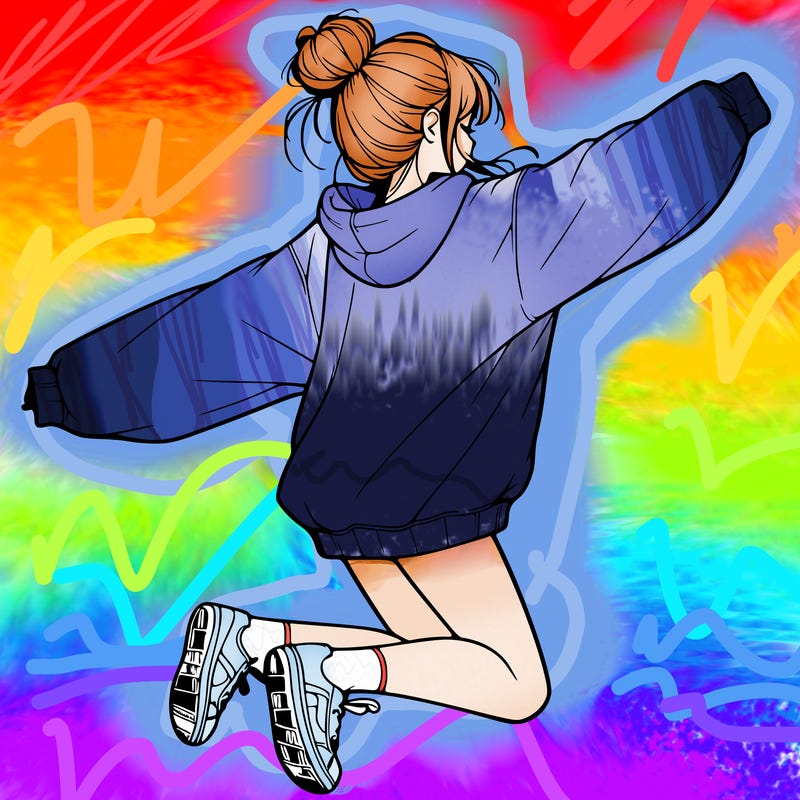 realistic girl jumping with a bun and oversized sweatshirt