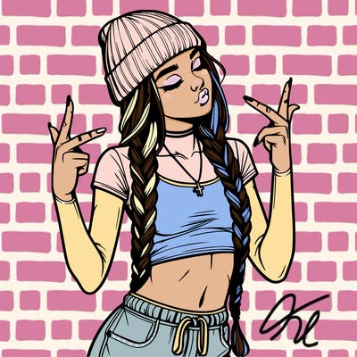 realistic teenage girl with braids and a beanie and crop top doing 🫶🏼
