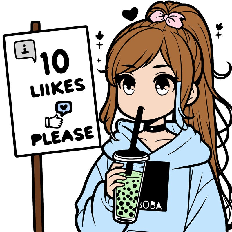 girl with a high ponytail and a hoodie drinking boba staring at a sign saying 10 likes please