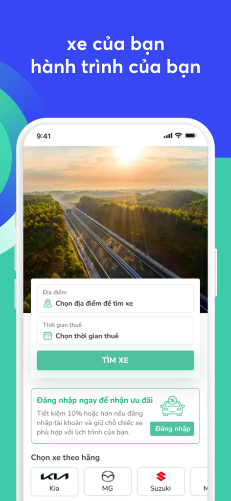 BonbonCar - Thuê xe tự lái - Écran d'accueil de l'application mobile BonbonCar montrant les options de recherche de location de voiture par lieu et par heure avec les logos des marques de voitures