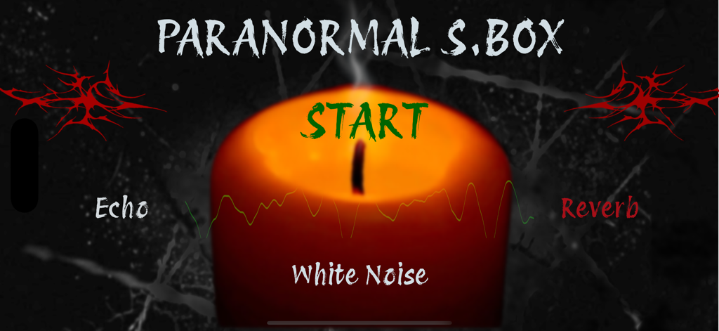 Paranormal Spirit Box - Schermata di avvio dell'app di caccia ai fantasmi Paranormal Spirit Box con candela luminosa e controlli audio