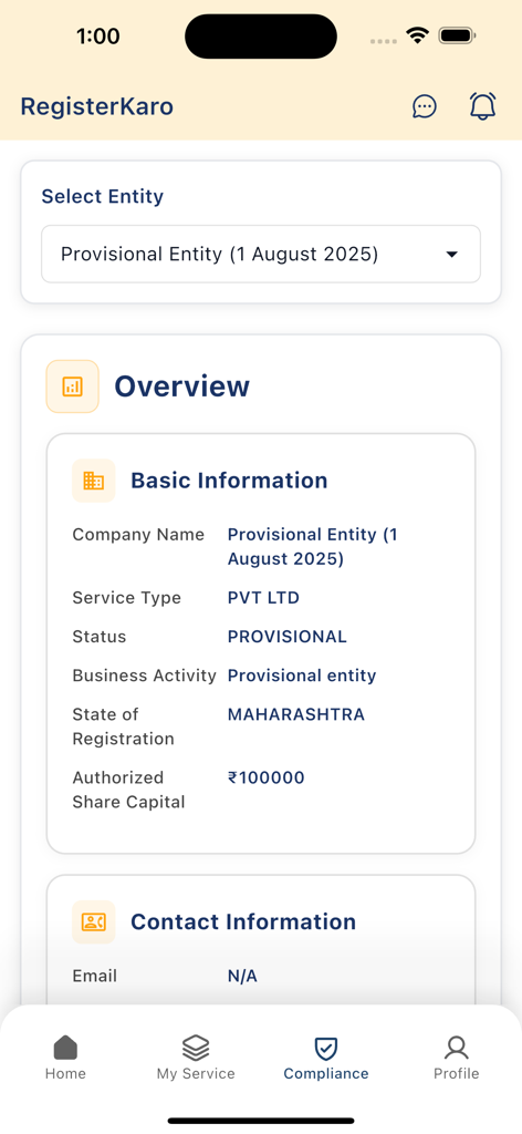 RegisterKaro - Interface do aplicativo Register Karo mostrando informações básicas da empresa e status de registro