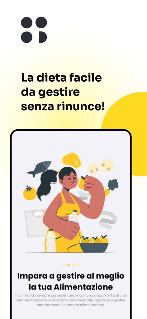 Pantalla de introducción de la aplicación Dieta a Porzioni mostrando a una mujer rodeada de comida saludable e iconos de fitness.