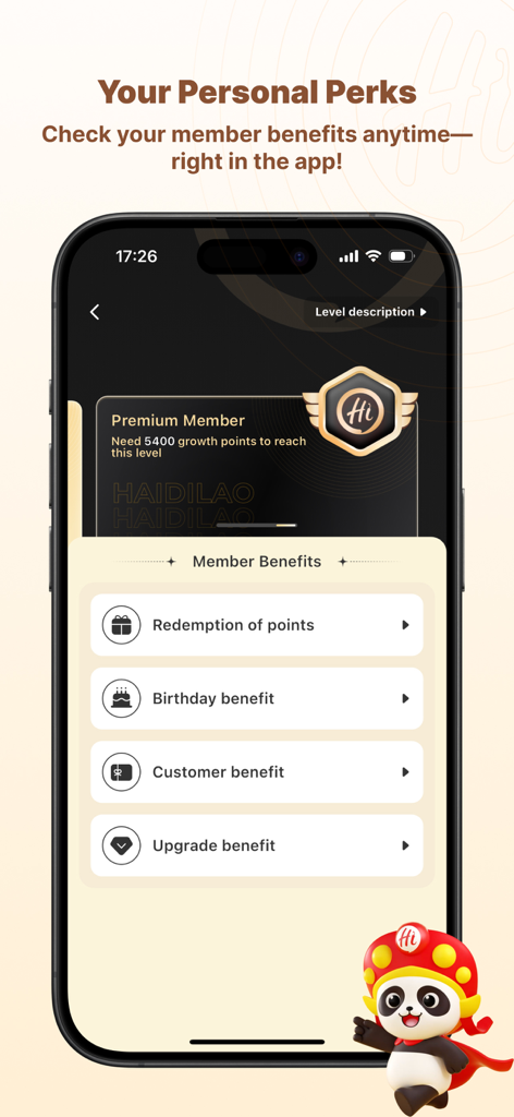Haidilao app interface showing membership benefits including point redemption and birthday rewards