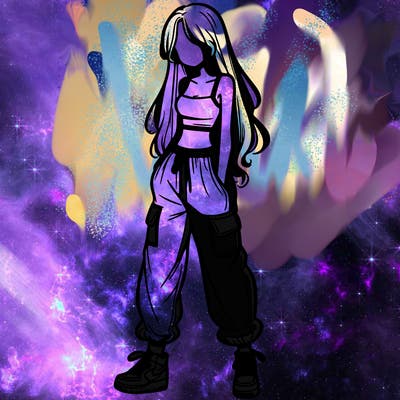 girl in baggy pants crop top and long hair