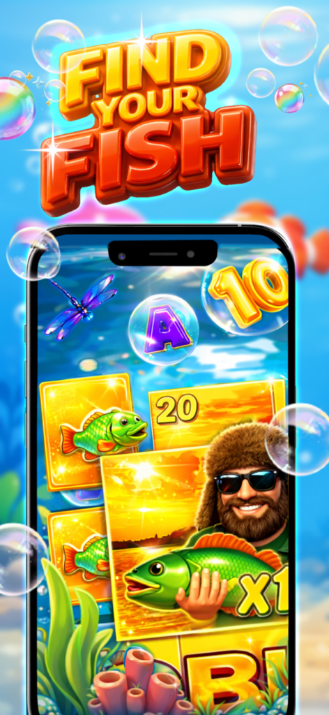 MyFishing Book - Interfaz de la aplicación móvil MyFishing Book que muestra una función de búsqueda de peces con un pescador sonriente sosteniendo un pez verde