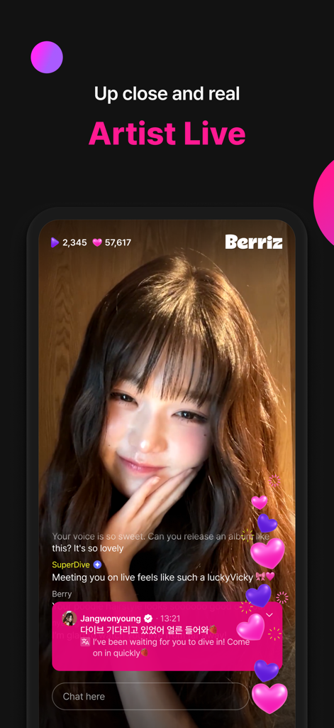 실시간 팬 댓글 및 하트가 포함된 베리즈 모바일 앱에서 K팝 아티스트 장원영의 라이브 스트림