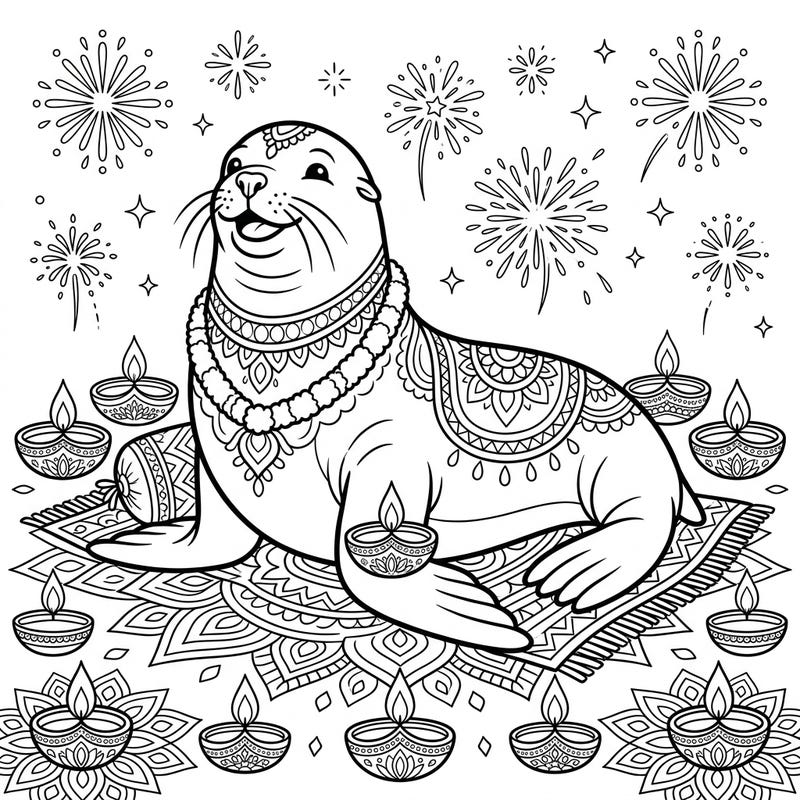 Discover the joy of Diwali with this unique coloring page starring a charming Steller sea lion. Adorned in festive patterns and surrounded by traditional lamps and fireworks, it's a celebration ready for your creative touch.