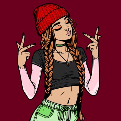 realistic teenage girl with braids and a beanie and crop top doing 🫶🏼