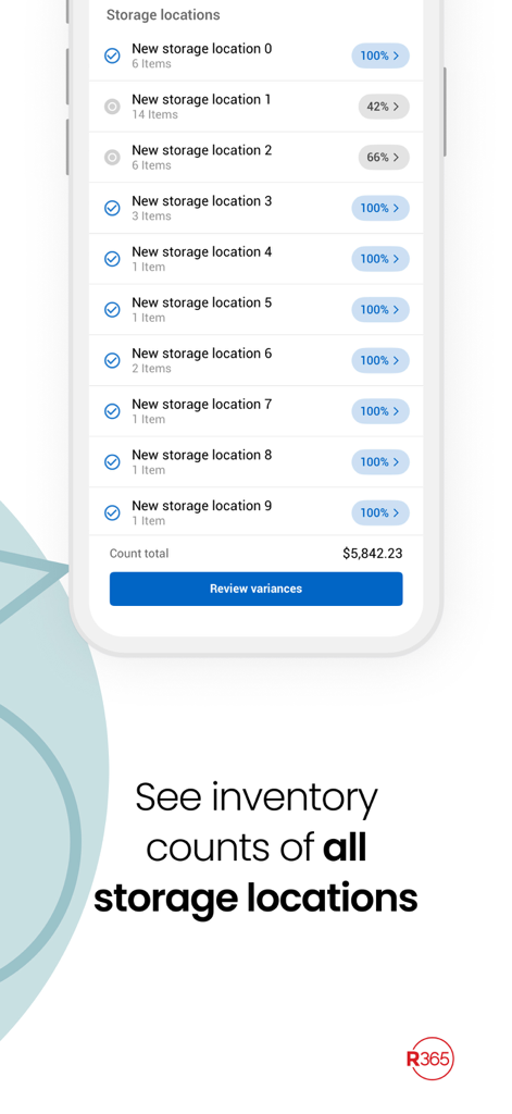 Restaurant365 - Restaurant365 app showing inventory counts across multiple storage locations