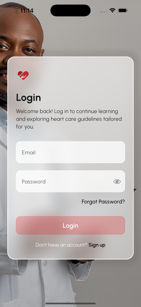 AkomaCare - Login screen for the AkomaCare medical app featuring email and password fields for accessing heart care guidelines.