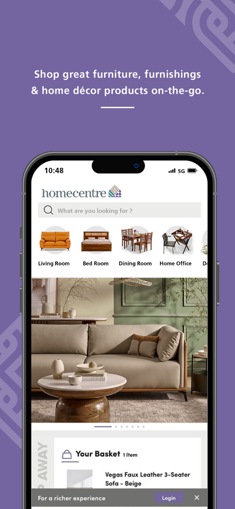 Home Centre India mobile app interface showing furniture categories and home decor products