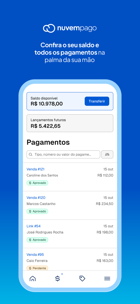 Nuvemshop app interface showing a financial dashboard with available balance, future entries, and a list of recent sales transactions.