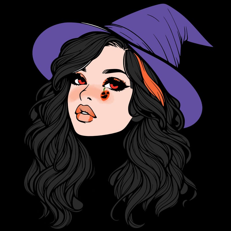 realistic witch girl with wavy hair and lips