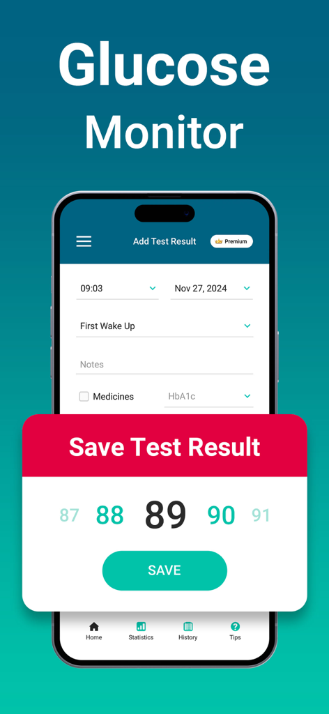 Oberfläche der Glukose Monitor App, die den Bildschirm zum Speichern von Testergebnissen mit einem Blutzuckerwert von 89 anzeigt.