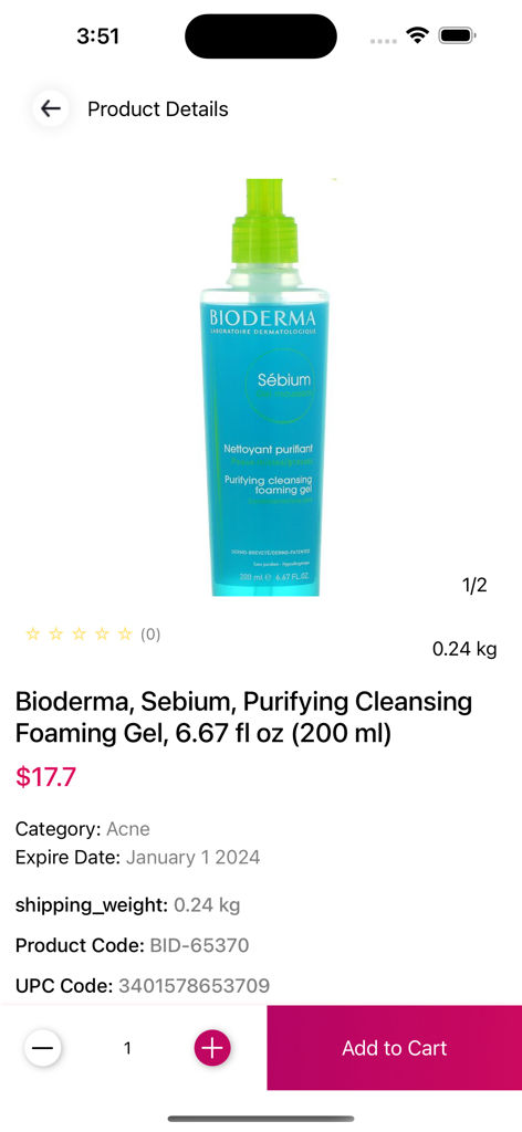 Página de detalles del producto Bioderma Sebium Gel Limpiador Purificante mostrando precio y botón de agregar al carrito.