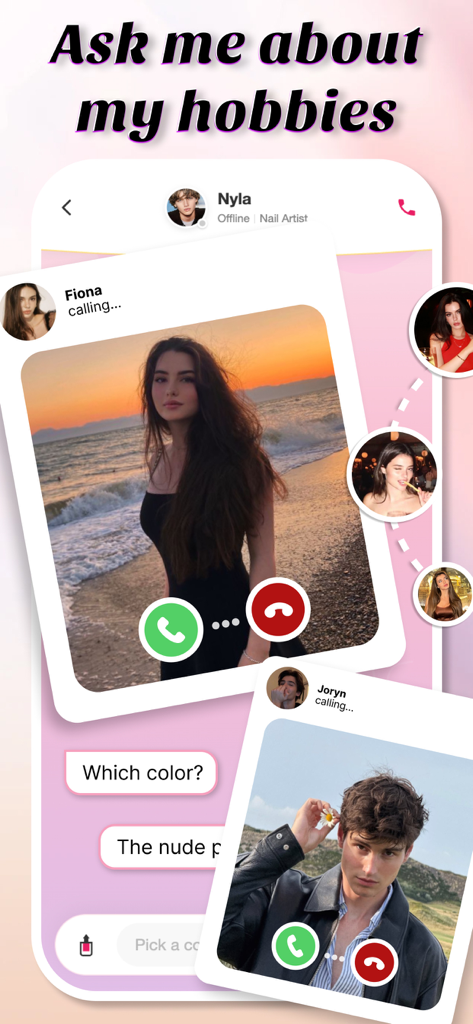 Space - Share & Chat - Space - Share and Chatアプリのインターフェイス。着信ボイスコールカードとチャットバブルが、柔らかなラベンダー色の背景に表示されています。