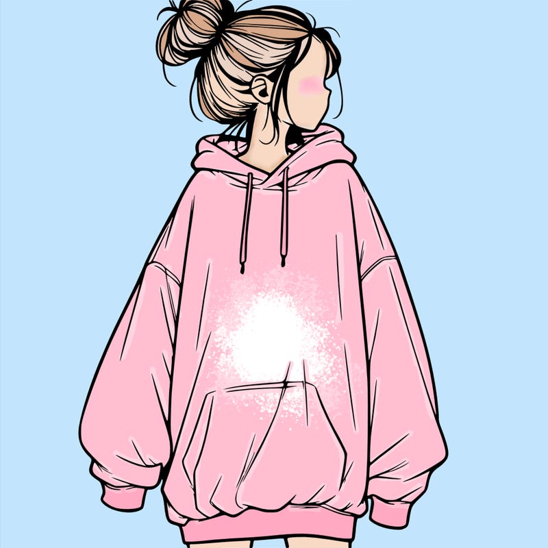 realistic girl with a oversized sweatshirt on and a bun
