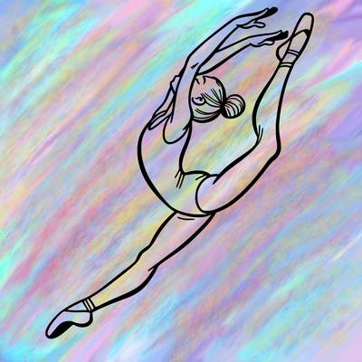 gymnast doing a leap in a leotard with a bent back leg