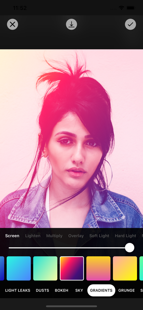 Photo Filters + - Applying a pink gradient overlay to a portrait photo in the Photo Filters plus app