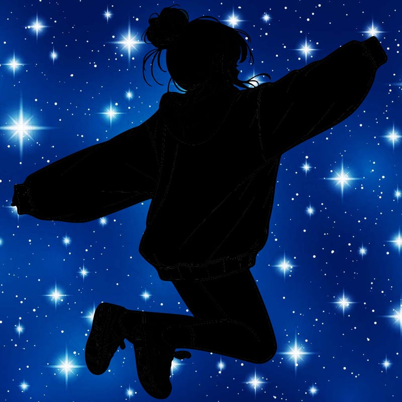 realistic girl jumping with a bun and oversized sweatshirt