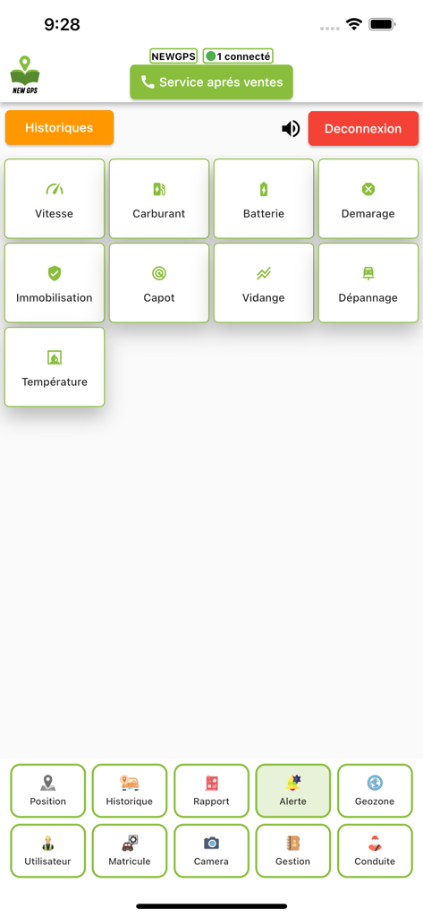 Dashboard-Oberfläche der NEUES GPS-App mit Symbolen für Fahrzeuggeschwindigkeit, Kraftstoff und Sicherheitsstatus.