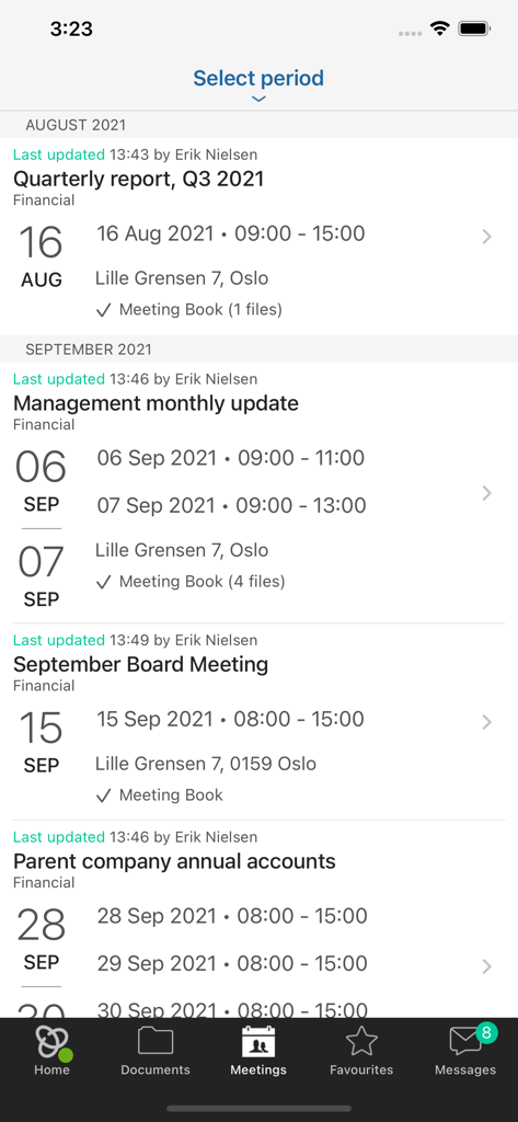 Tela do aplicativo móvel Admincontrol mostrando uma lista de reuniões agendadas do conselho e da gestão