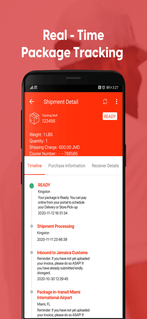 ipCourier - ipCourier mobile app screen showing a detailed real-time shipment tracking timeline.