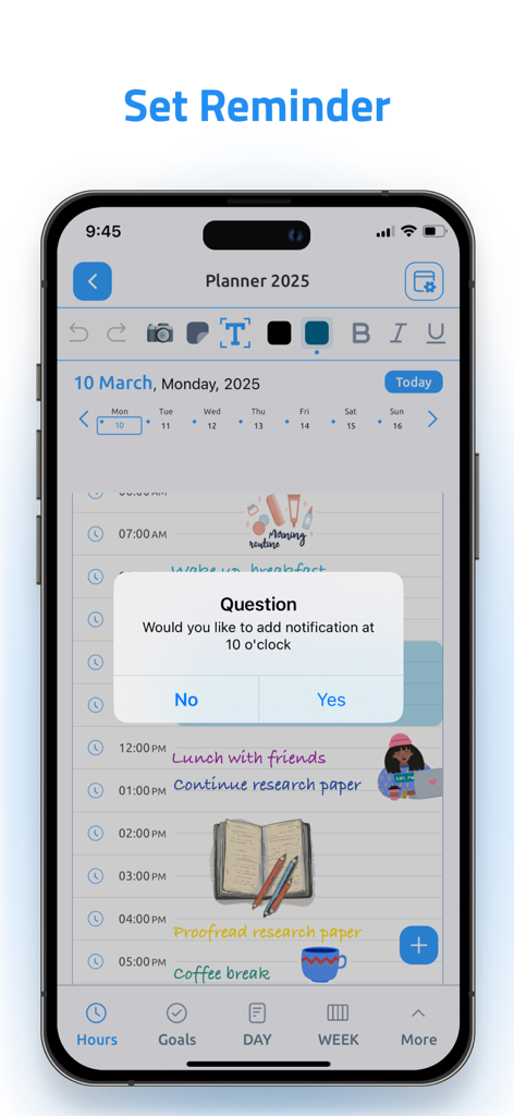 Digital Planner & Calendar Pro - Aesthetic daily schedule in Digital Planner app showing a popup to set a reminder notification