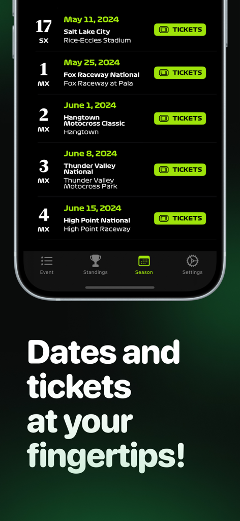 SMX Live for AMA Supercross - SMX Live app screen showing the upcoming Supercross race schedule with options to buy tickets