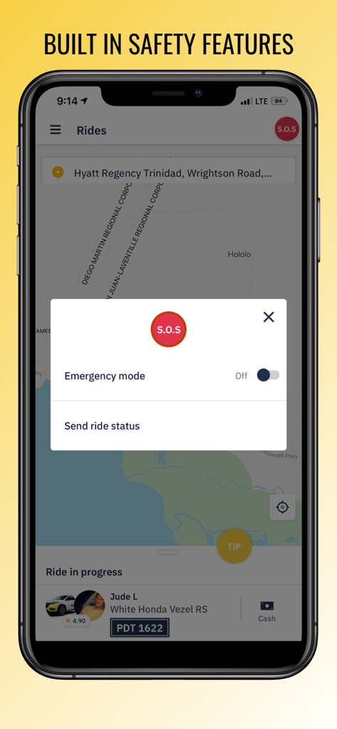 allRiDi - Interfaccia dell'app allRiDi che mostra funzioni di sicurezza integrate e un menu della modalità di emergenza SOS durante una corsa.