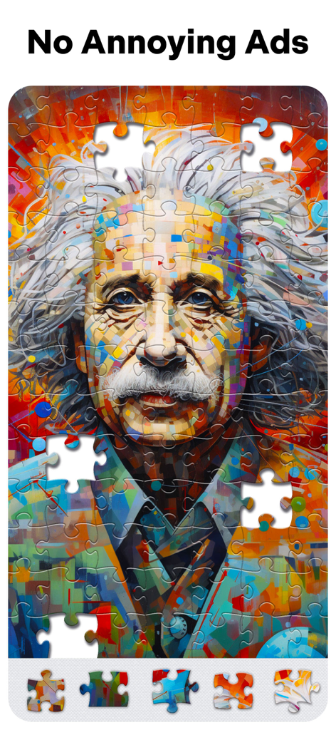 Jigsaw Puzzles for Adults HD - Rompecabezas artístico de Albert Einstein a todo color con piezas faltantes y el encabezado Sin Anuncios Molestos.
