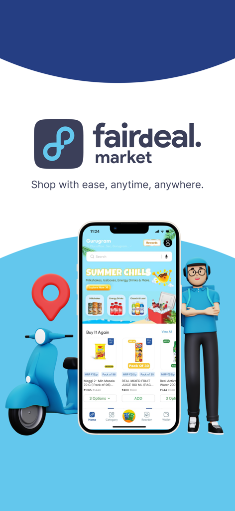 페어딜 마켓 모바일 앱 인터페이스, 식료품 품목 및 빠른 상거래 배송 아이콘 표시