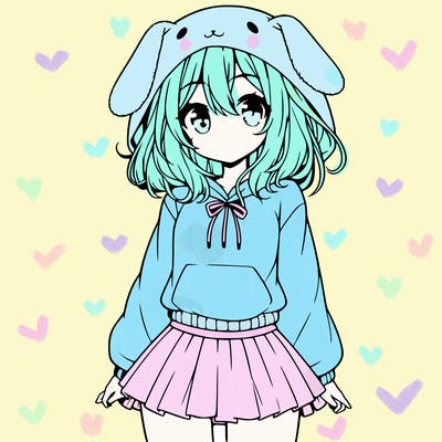 pretty anime girl wearing a fluffy hoodie with bunny ears on the hood and a skirt