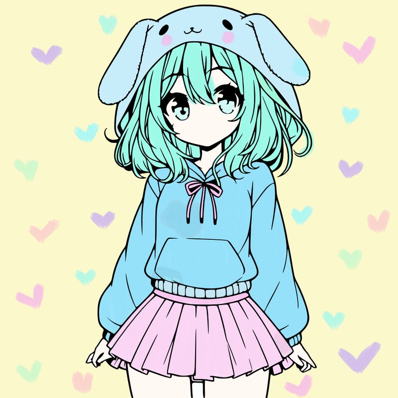 pretty anime girl wearing a fluffy hoodie with bunny ears on the hood and a skirt