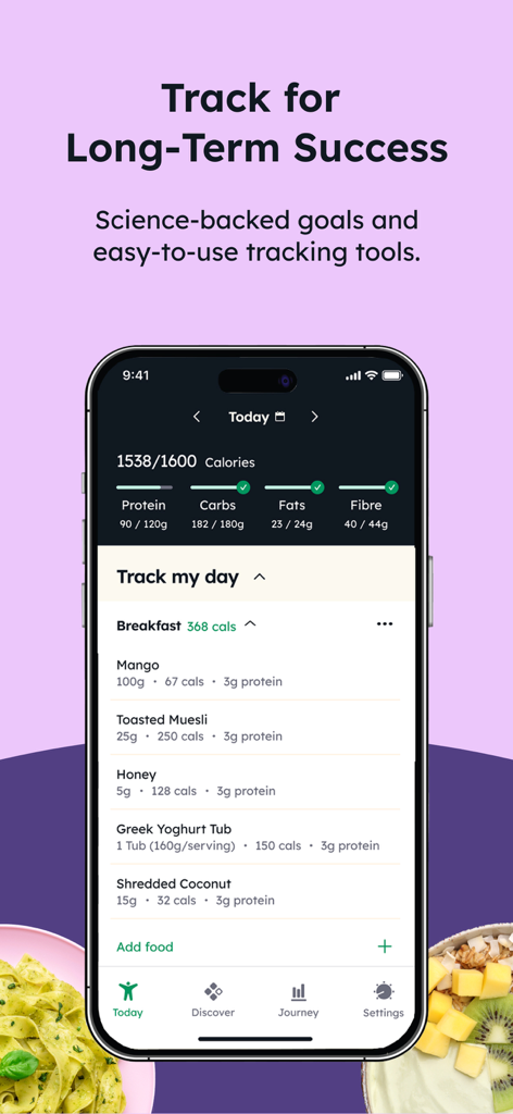 equ app - Interfaz de seguimiento nutricional de la app equ mostrando el progreso diario de calorías y macronutrientes