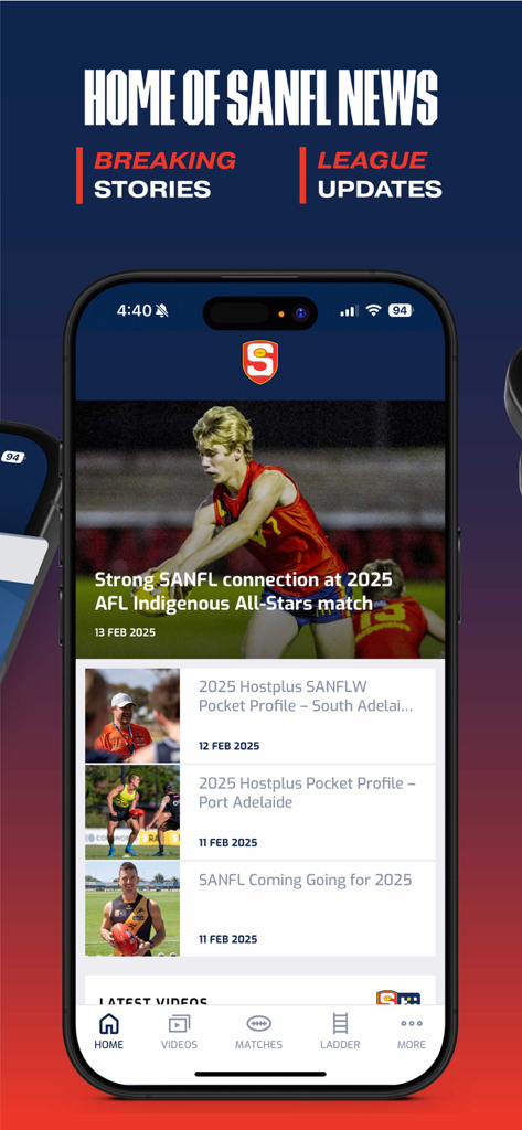 The official SANFL app home screen showing latest news stories and league updates on a smartphone.