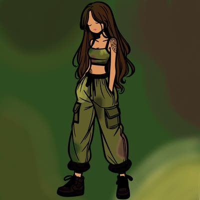 girl in baggy pants crop top and long hair